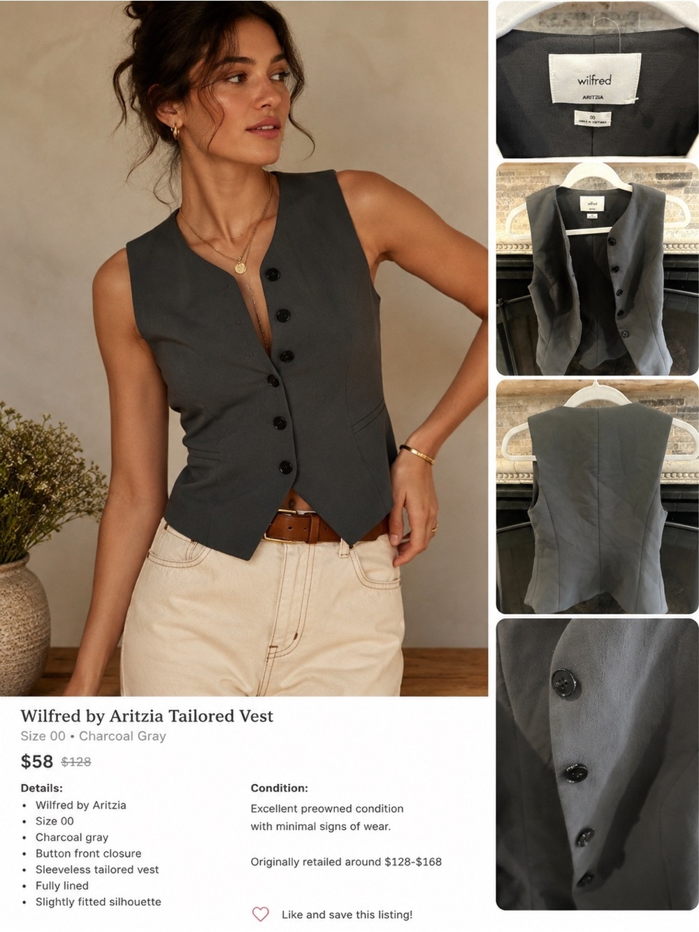 Wilfred by Aritzia Tailored Button Front Vest Size 00 Charcoal Gray